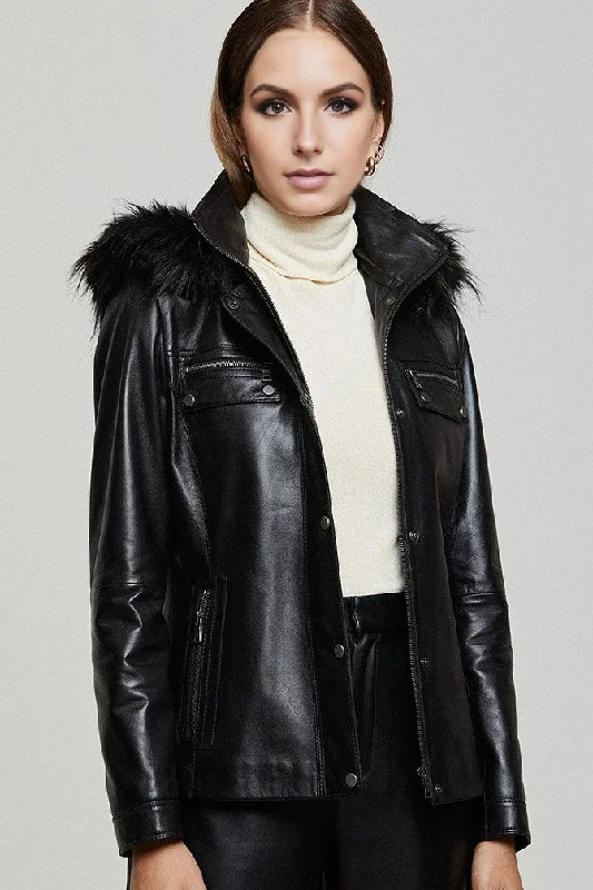 Isabella Black Sheepskin Leather Jacket Elasticated Jacket Padded Jacket Insulated Jacket