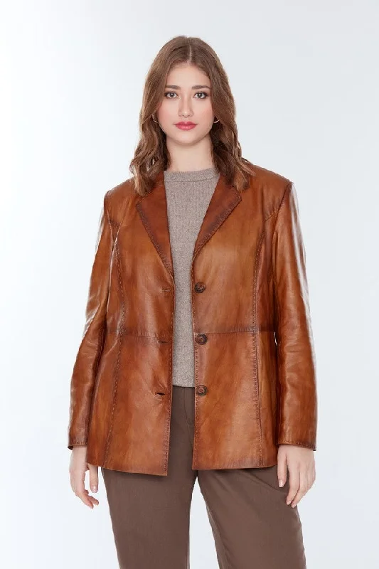 Kartherine Waxed Brown Leather Jacket for Women Knit Fabric Woven Fabric Fleece Fabric