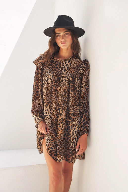 Leopard Sheer Mini Dress with Ruffles Cozy Sweater Mini Dress