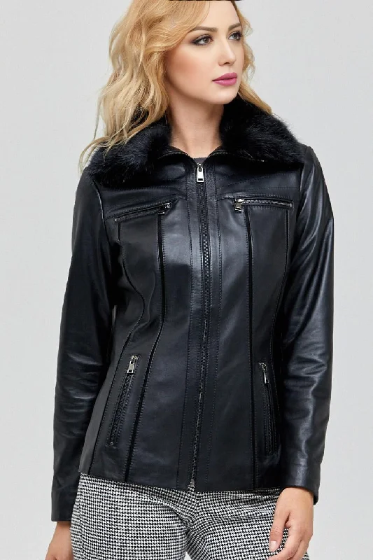 Linda Black Leather Jacket With Fur Collar  For Women Tiered Jacket Buttoned Jacket Zippered Jacket