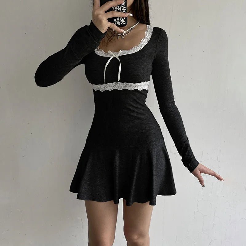 Long Sleeve Coquette Mini Dress with Vintage Lace Detailing Comfortable Fit-and-Flare Mini Dress