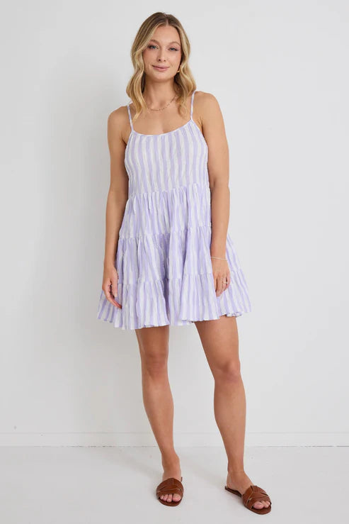 Love Lulu - Memphis Strappy Tiered Mini Dress - Lilac Stripe Elegant Lace-Up Mini Dress