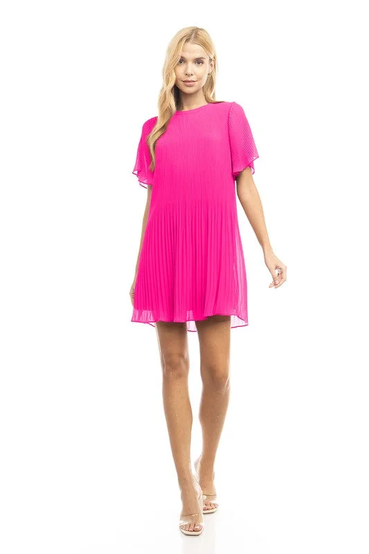 LPD Pleated Mini Dress-Hot Pink Comfortable Smocked Mini Dress