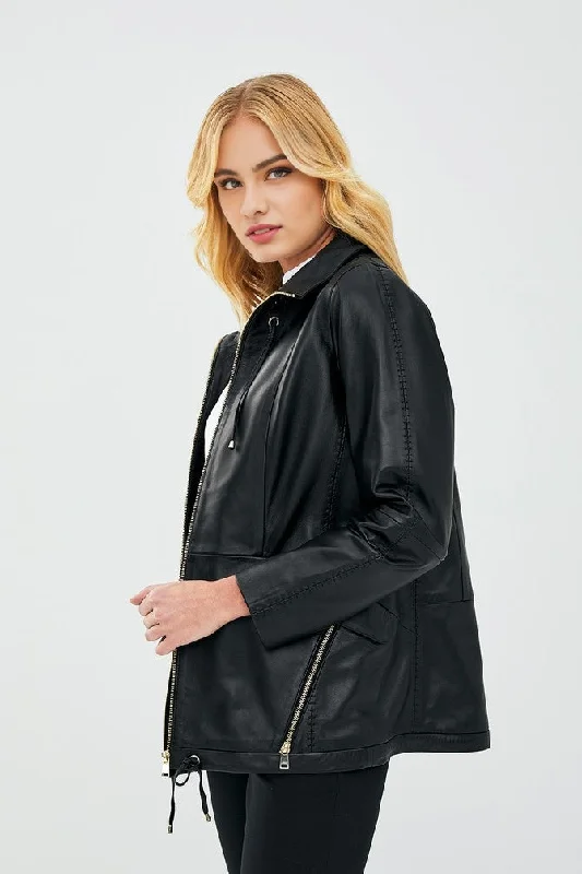 Lucy Casual Black Leather Jacket For Women Denim Fabric Leather Fabric Suede Fabric