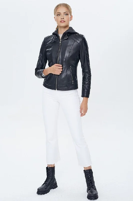 Luna Black Hooded Leather Jacket For Women Nylon Jacket Polyester Jacket Spandex Jacket