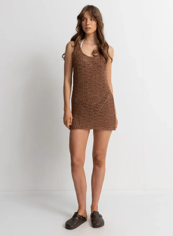 Maddie Knit Scoop Neck Mini Dress - Chocolate Fashionable Off-Shoulder Mini Dress