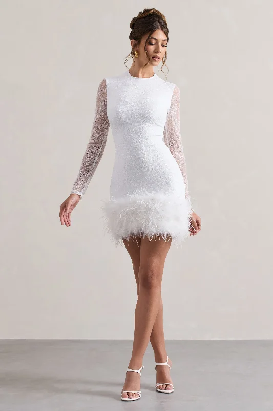 Mariana | White Lace Long-Sleeve Mini Dress With Feather Trim Comfortable Smocked Mini Dress