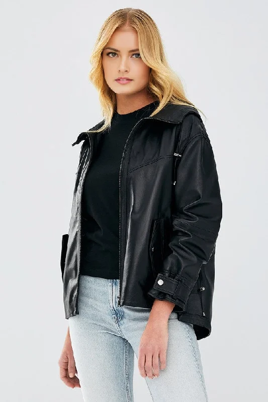 Martha Black Hooded Leather Jacket For Women Jacket Blazer Coat