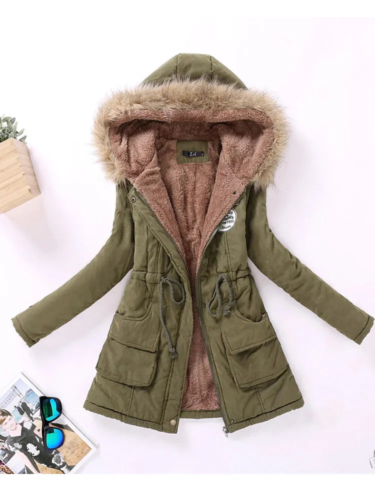 new winter military coats women cotton wadded hooded jacket medium-long casual parka thickness  XXXL Collared Jacket Crew Neck Jacket Turtle Neck Jacket