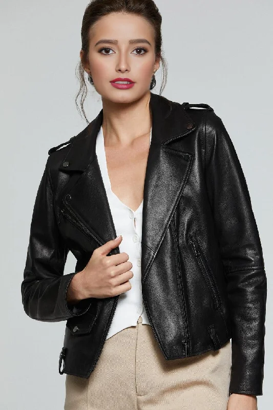 Notched Black Leather Biker Jacket For Women Knit Jacket Woven Jacket Fleece Jacket