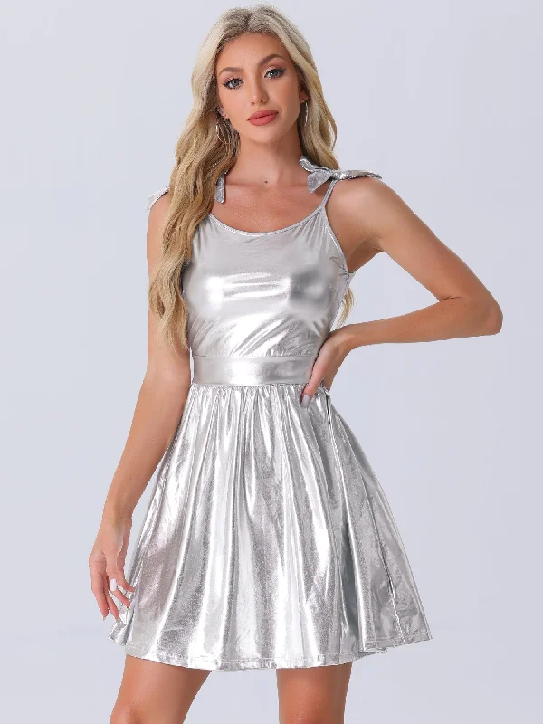 Spaghetti Straps Metallic A-Line Sleeveless Party Mini Dress Comfortable Wrap Mini Dress