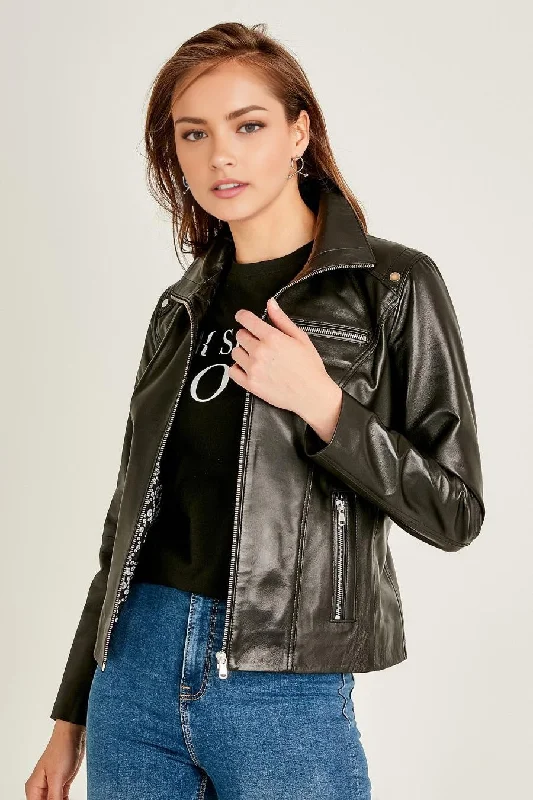 Patricia Stylish Collar Black Leather Jacket For Women Snapped Jacket Toggled Jacket Drawstring Jacket