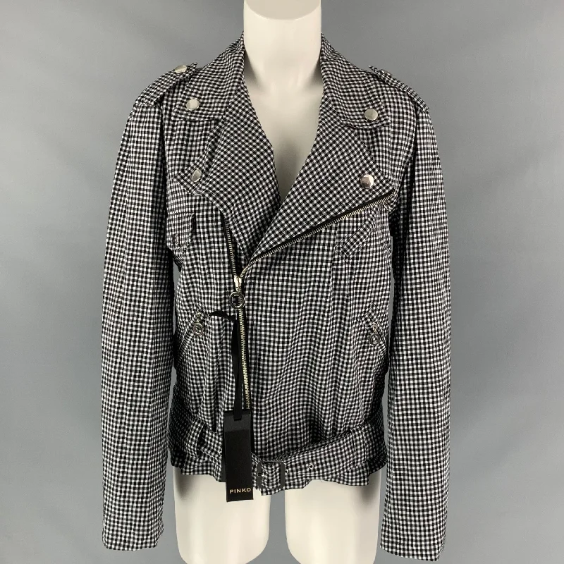 PINKO Size 6 Black & White Gingham Cotton Asymmetrical Jacket Belted Jacket Elasticated Jacket Padded Jacket