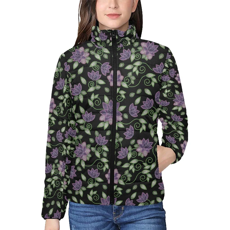 Purple Beaded Rose Women's Stand Collar Padded Jacket Zip Front Button Front Snap Front