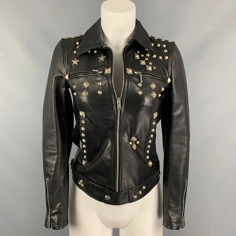 R13 Size XS Black Leather Studded Jacket Wool Fabric Cashmere Fabric Tweed Fabric