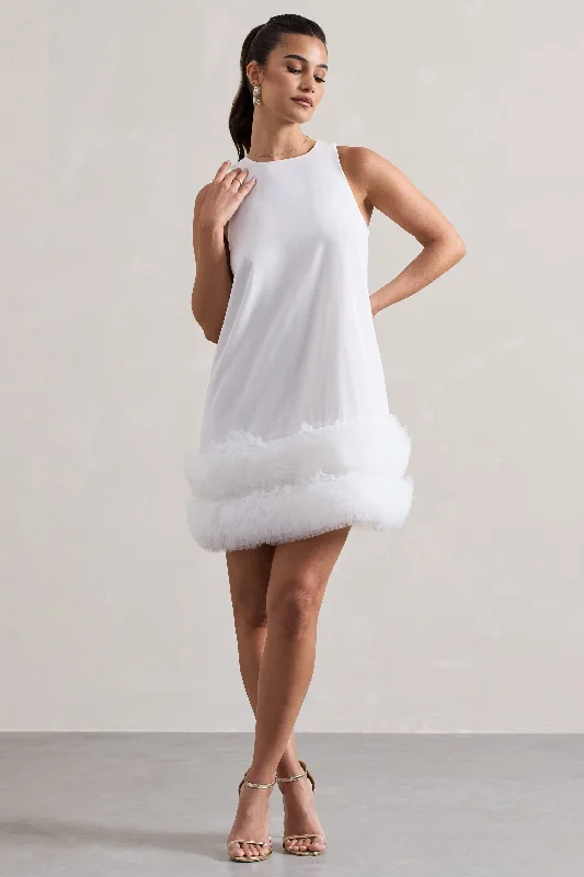 Raise A Glass | White A-Line Mini Dress With Tulle Hem Stylish Short-Sleeve Mini Dress