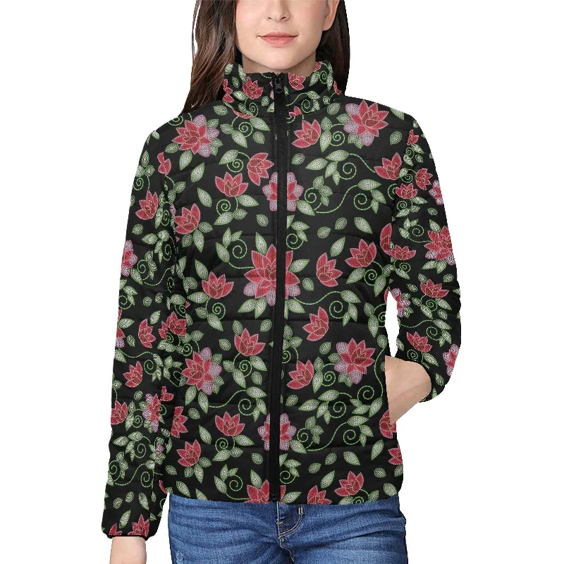 Red Beaded Rose Women's Stand Collar Padded Jacket Fleece Fabric Down Fabric Feather Fabric