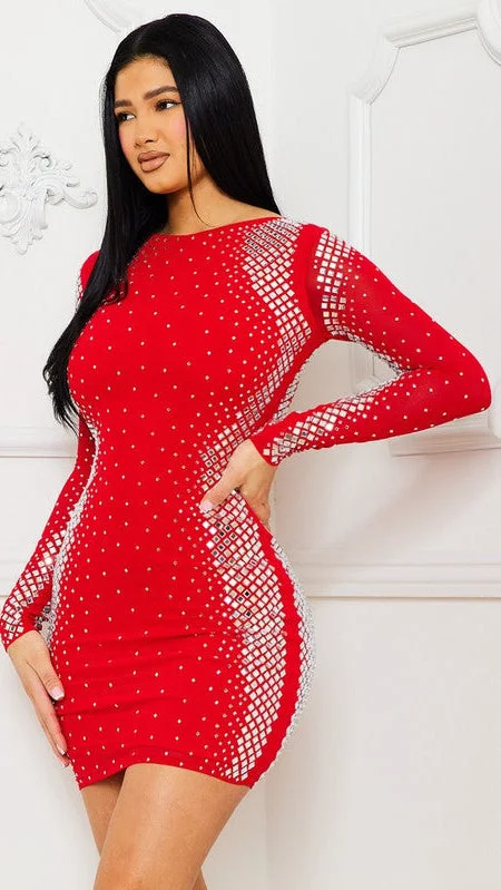 Red Long Sleeve Rhinestone Mini Dress Elegant Lace Mini Dress