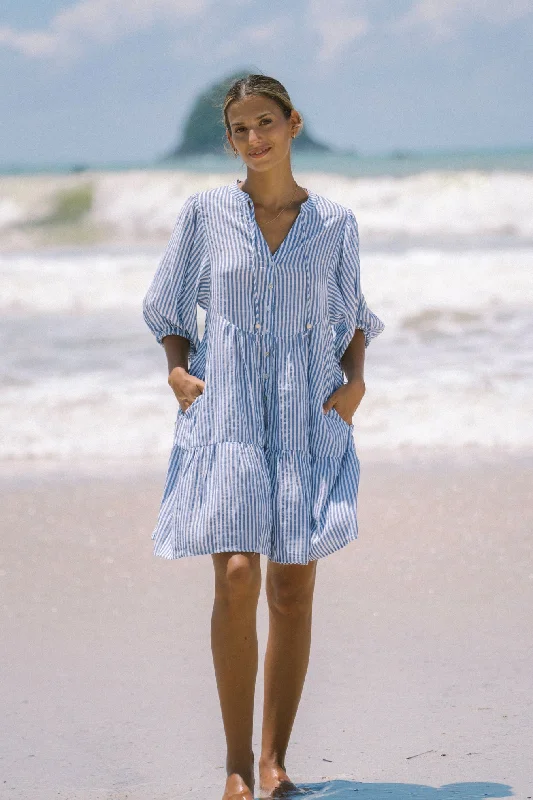 Riley Blue Stripe Button Down Mini Dress Stylish Puff Sleeve Mini Dress