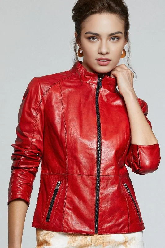 Scarlet Red Stylish Leather Jacket For Women Oversized Jacket Tailored Jacket Straight Jacket