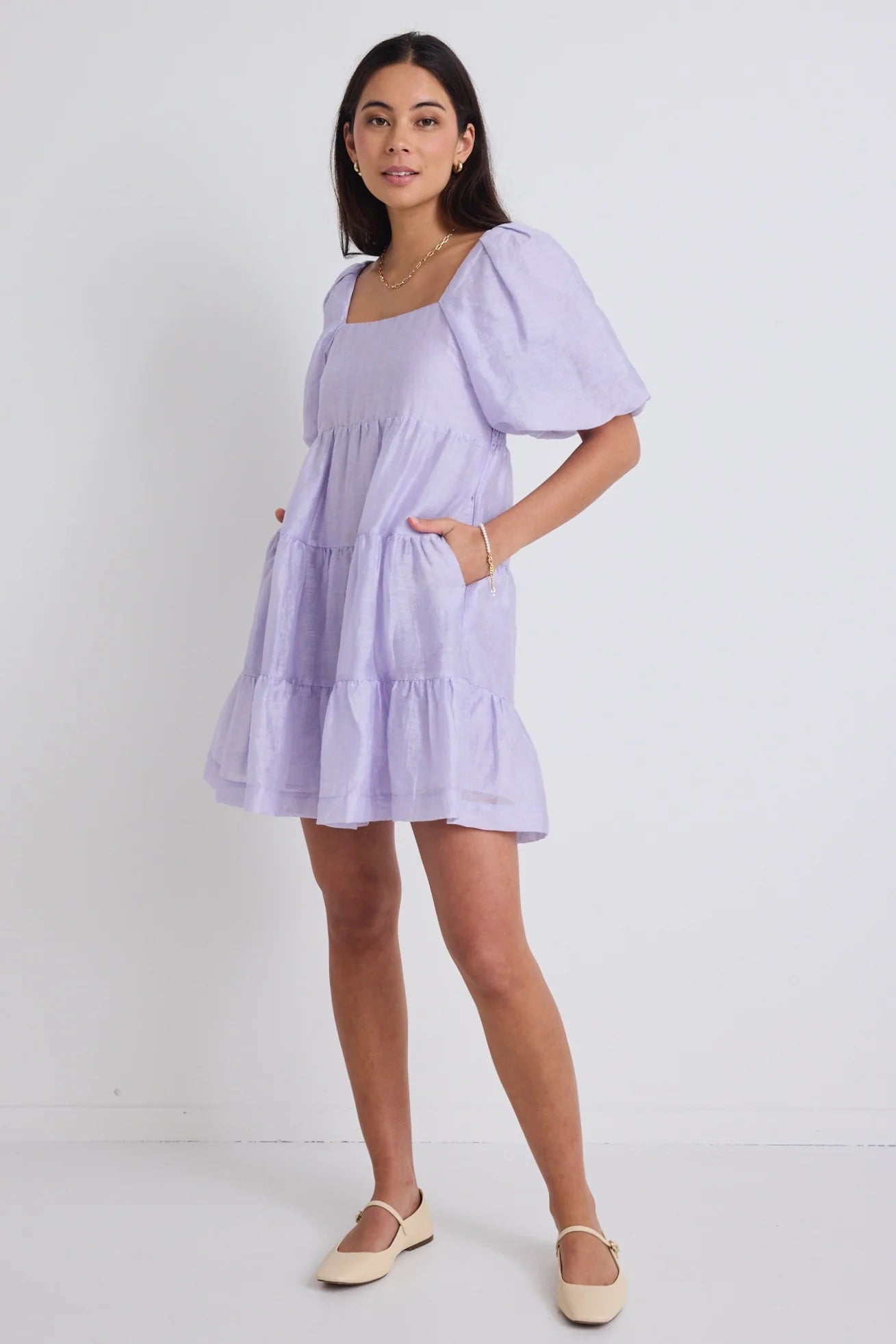 Stories Be Told - Beyond Puff Sleeve Tiered Mini Dress - Lilac Elegant Floral-Print Mini Dress