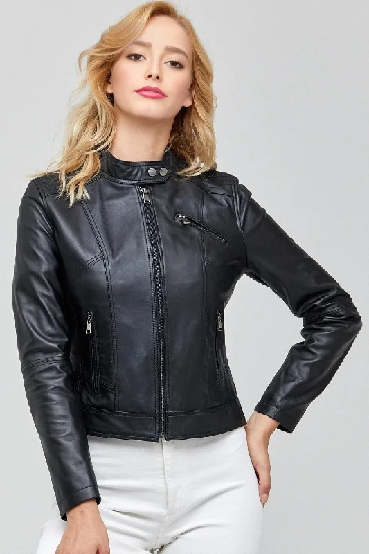 Street Style Motor Bike Black Leather Jacket For Women Print Jacket Jacquard Jacket Patchwork Jacket