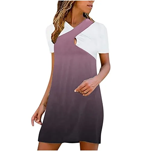 Summer Dress for Women V Neck Criss Cross Hollow Out Short Sleeve Tunic Dress Splicing Casual Slim Mini Dress Sundress | Original Brand Casual High-Waist Mini Dress