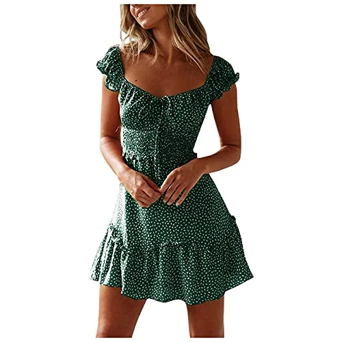 Summer Floral Skirt for Women, Women's Casual Sundress V Neck Sleeveless Slim Lace Up Mini Dress Beach Short Dresses | Original Brand Classic Solid Mini Dress