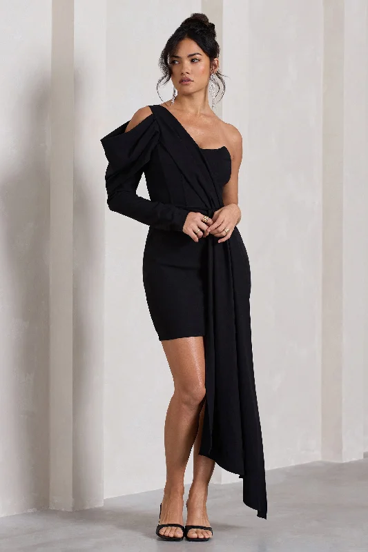 Surprise | Black One-Sleeved Corset Mini Dress With Draping Fashionable Mini Dress with Slits