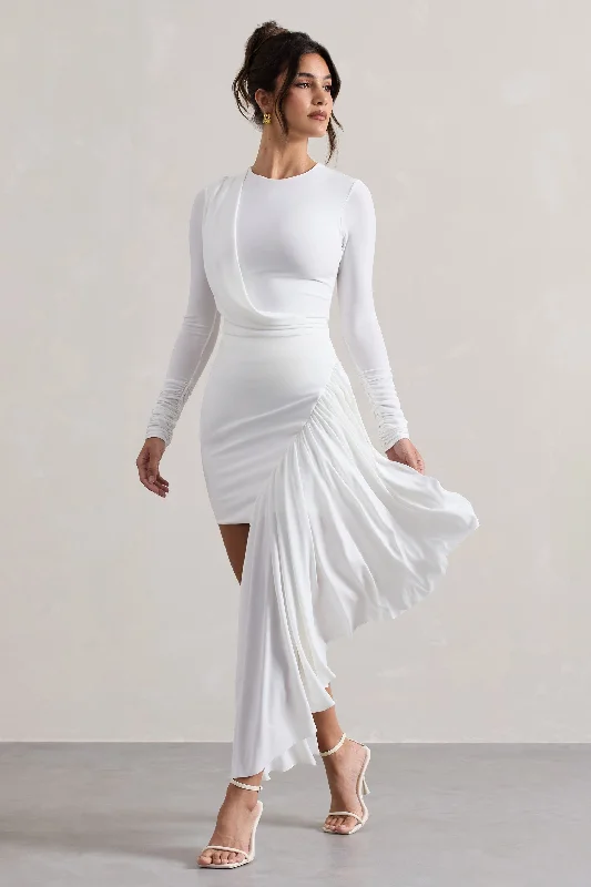 Tate | White Long-Sleeve Wrap Mini Dress With Drape Fashionable Mini Dress with Pockets