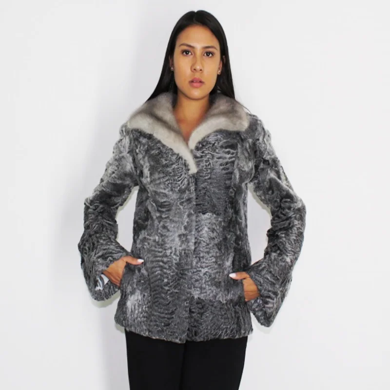 TRIANTA Astrakhan grey jacket with sapphire mink collar Wool Jacket Cashmere Jacket Tweed Jacket