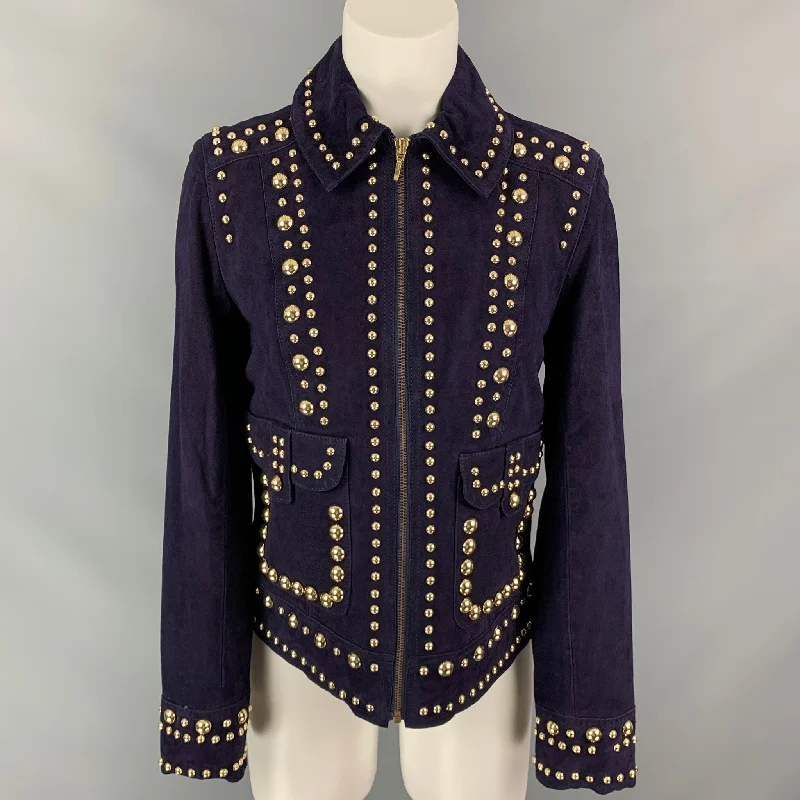 TRINA TURK Size S Purple & Gold Suede Studded Jacket Jacket Blazer Coat