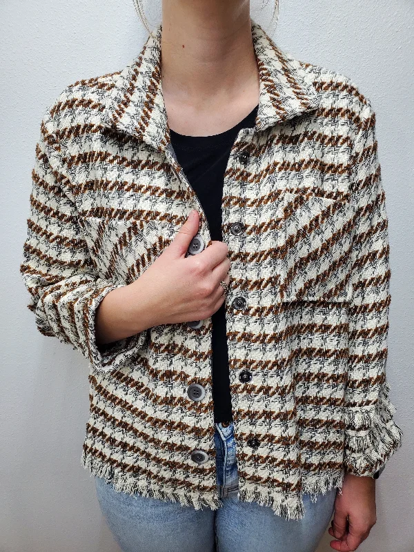 TRIPLE FRINGE HOUNDSTOOTH JACKET - IVORY/GOLD Knit Jacket Woven Jacket Fleece Jacket