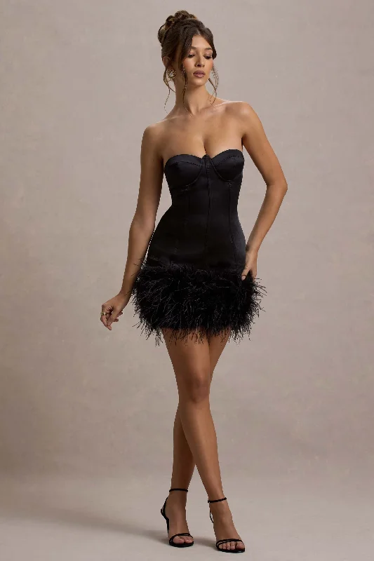 Vampira | Black Satin Corset Feather Mini Dress Trendy Button-Detail Mini Dress