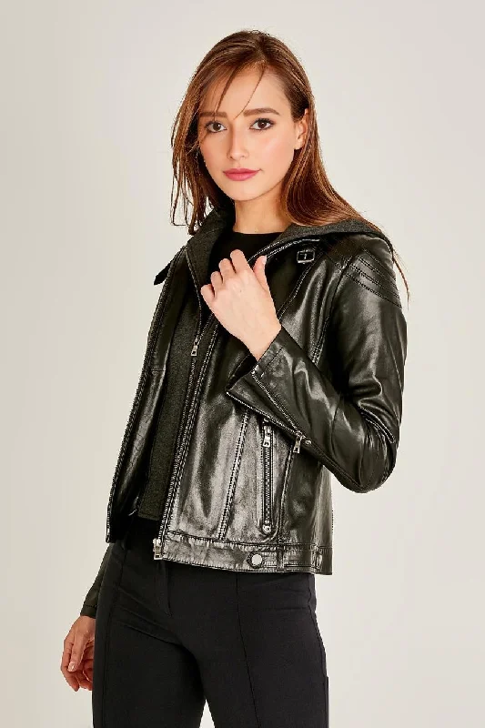 Vegas Black Motor Bike Leather Jacket With Hood For Women Trench Coat Raincoat Waterproof Jacket