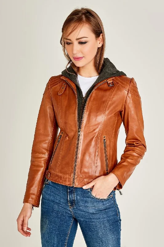 Vegas Stylish Brown Leather Hoodie Jacket For Women Notch Collar Peter Pan Collar Cowl Neck