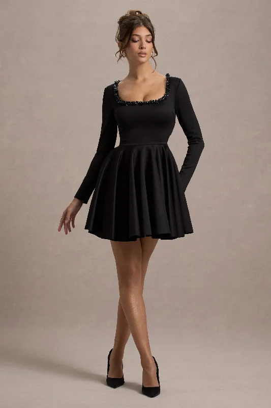 Wilder | Black Square-Neck Long-Sleeve Skater Mini Dress Elegant Velvet Mini Dress