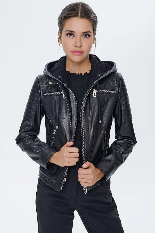 Women Black Leather Jacket With Zip Hood Faux Fur Jacket Real Fur Jacket Shearling Jacket