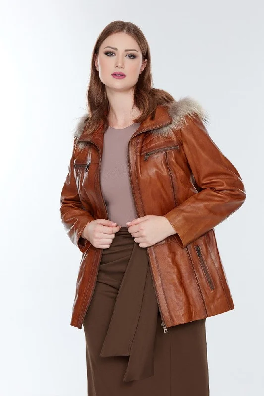 Women Brown Leather Jacket Collared Jacket Crew Neck Jacket Turtle Neck Jacket