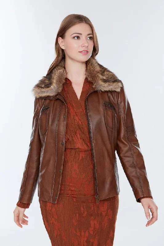 Women Brown Leather Jacket With Orignal Fur Collar Plaid Jacket Tartan Jacket Houndstooth Jacket