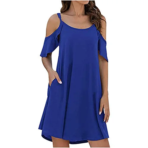 Women Cold Shoulder Mini Dress Casual Summer Spaghetti Strap Sundress Ruffle Sleeves Loose Beach Dress | Original Brand Stylish Sweetheart Neck Mini Dress