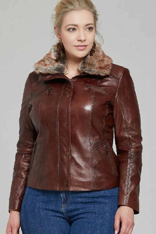 Women Dark Brown Chestnut Leather Jacket with Fur Collar Trench Coat Raincoat Waterproof Jacket