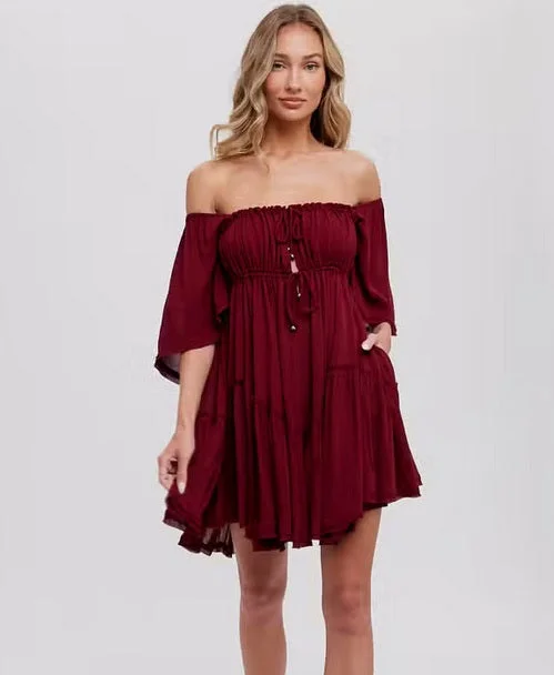 Women's/Junior Adjustable Ruffled Ruched Mini Dress w/Pockets - Wine Red Chic Tropical Mini Dress