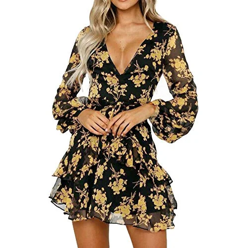 Women's Temperament Floral Leaf Printed Short Long Sleeve Dress Ladies Summer Beach Casual Mini Dress with Sashes | Original Brand Chic Sleeveless Mini Dress