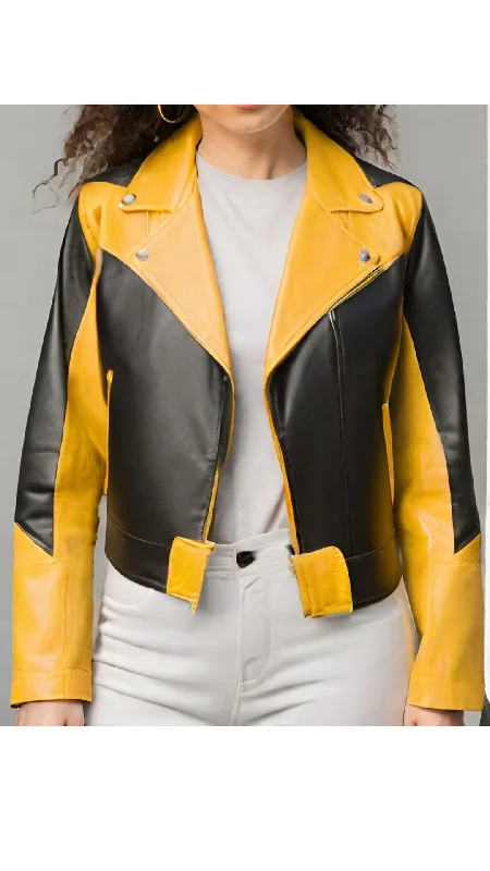 Yellow & Black Leather Jacket For Women Print Jacket Jacquard Jacket Embroidered Jacket