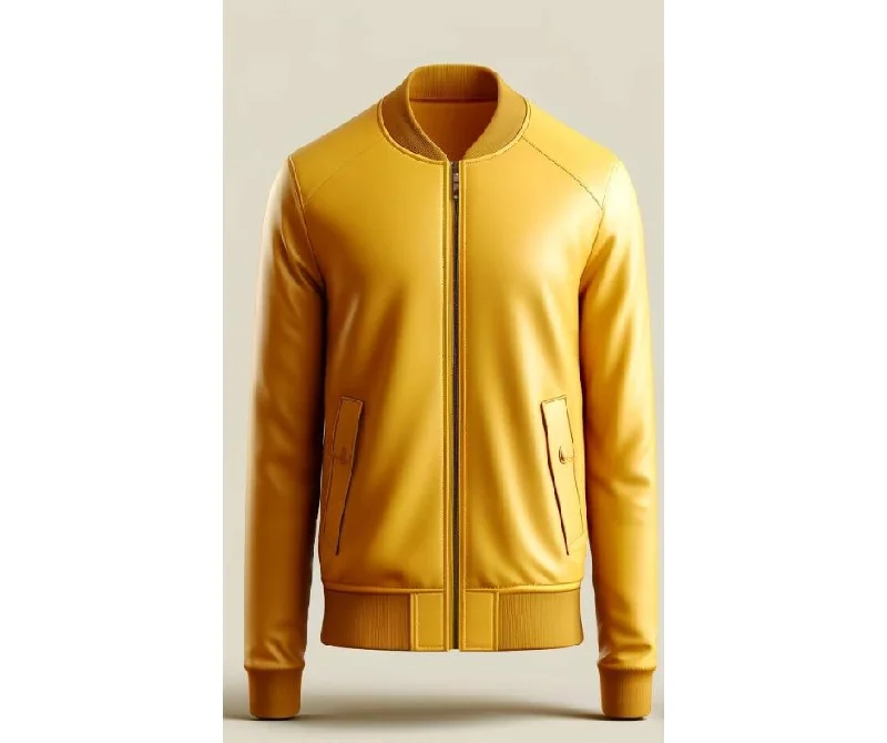 Yellow Bomber Leather Jacket For Women Cotton Fabric Linen Fabric Terry Fabric