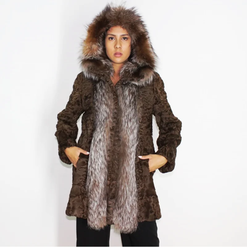 YIOTA Astrakhan brown jacket with crystal fox trimming and hood Tailored Jacket Straight Jacket A-Line Jacket