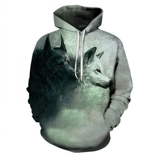 Wolfie 3D  Print Hoodie, Khaki Hoodie with Ribbed Neckline Snug Warm