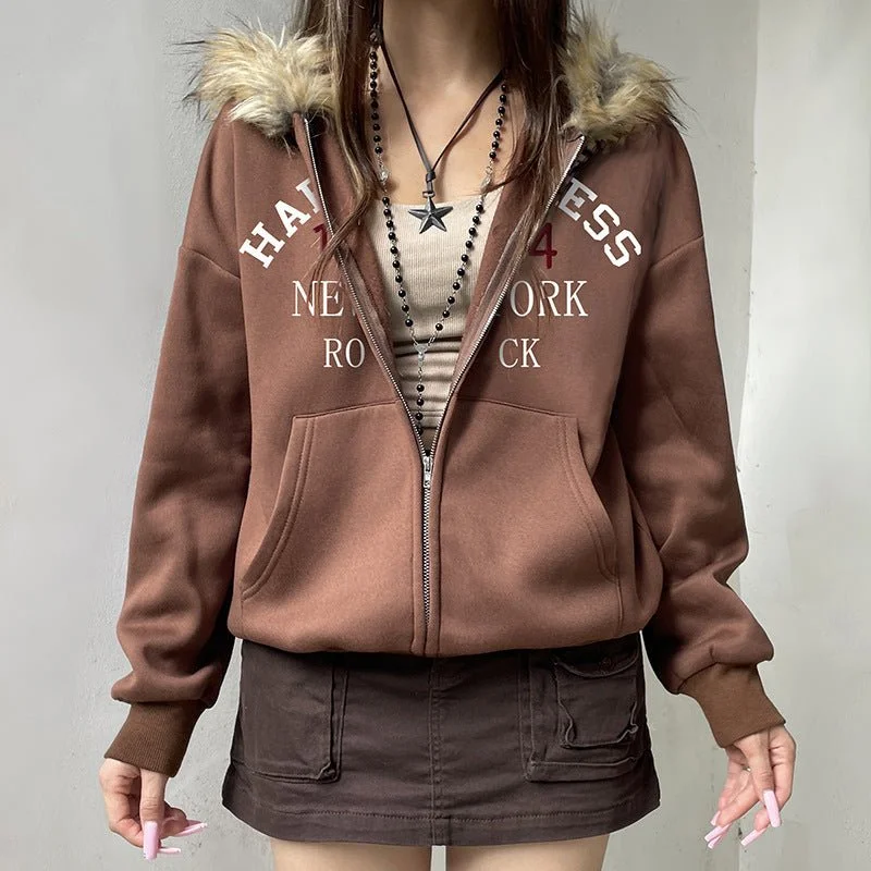 American Retro Fur Collar Hooded Zipper Sweatshirt for Women - Street Hipster Style in Brown Hoodie with Lining Warm Insulated