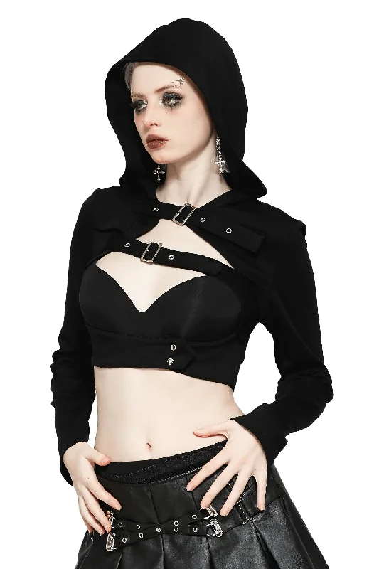 Black Strappy Hooded Crop Top with Buckle Accents Hoodie with Strings Custom Fit Adjustable